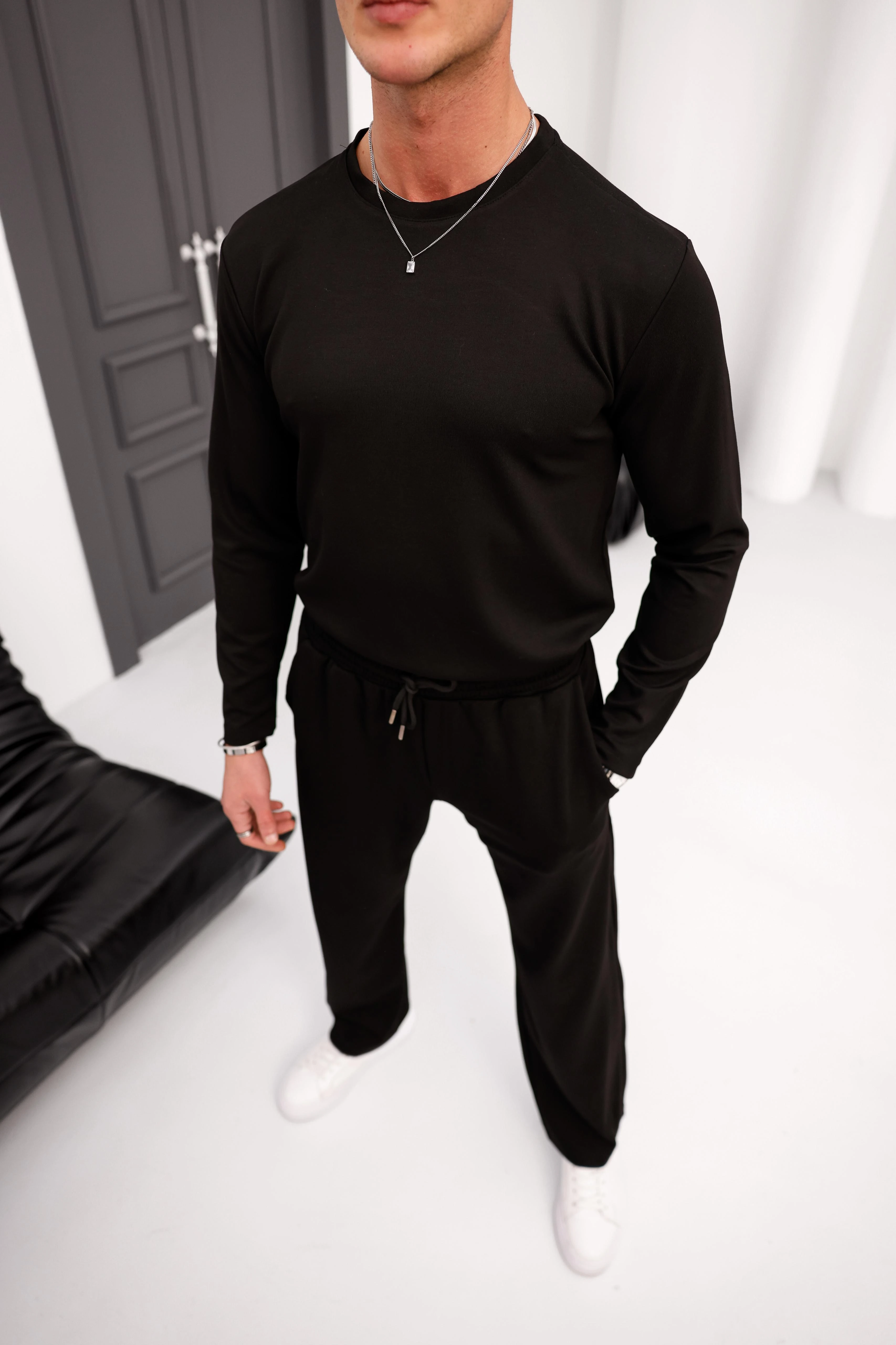 %100 Modal Kumaş Baggy Alt Üst Oversize Uzun Kollu Takım - Siyah