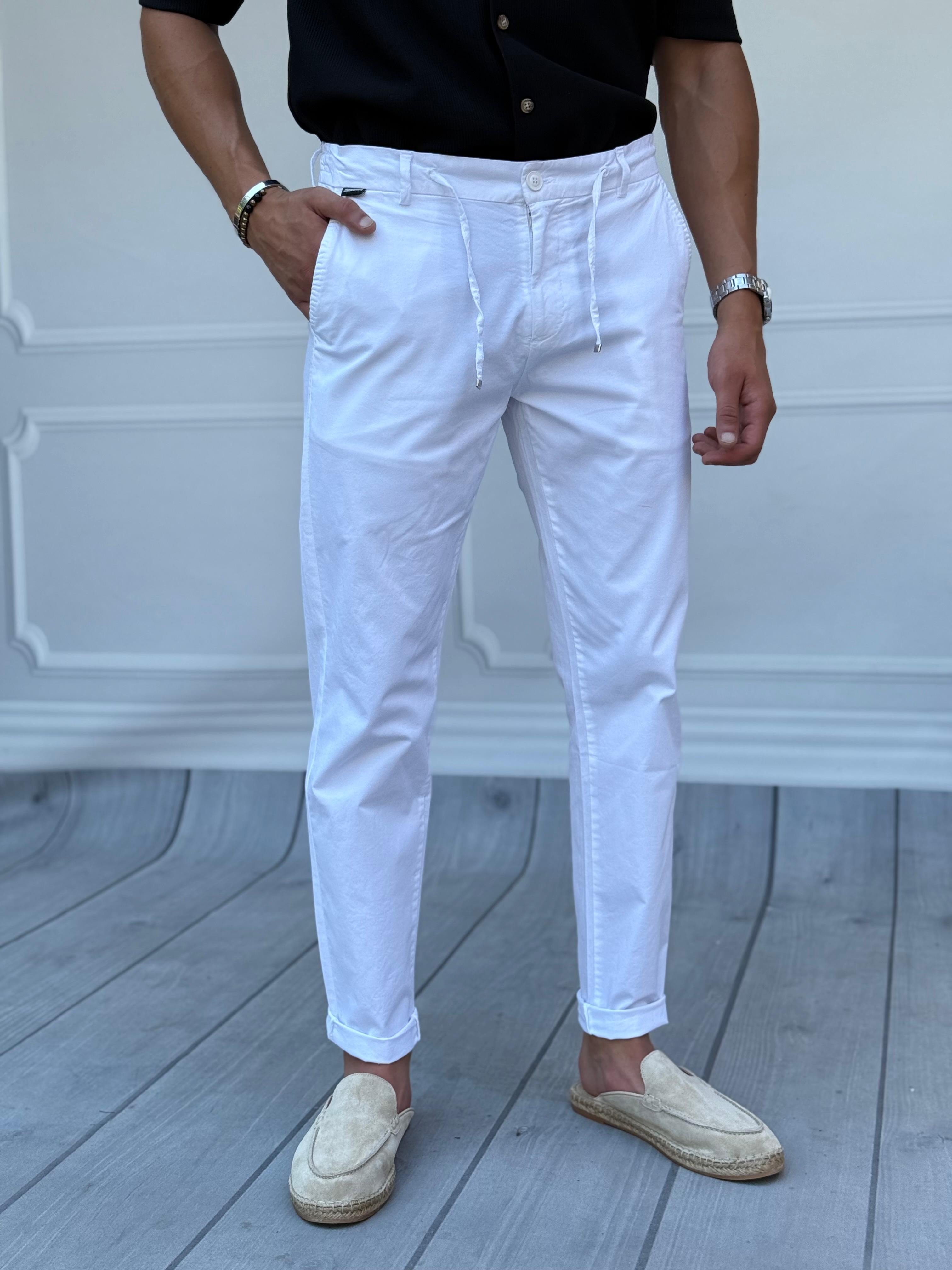 %100 Pamuk Gabardin İp Detaylı Regular Kalıp Keten Pantolon  - Beyaz