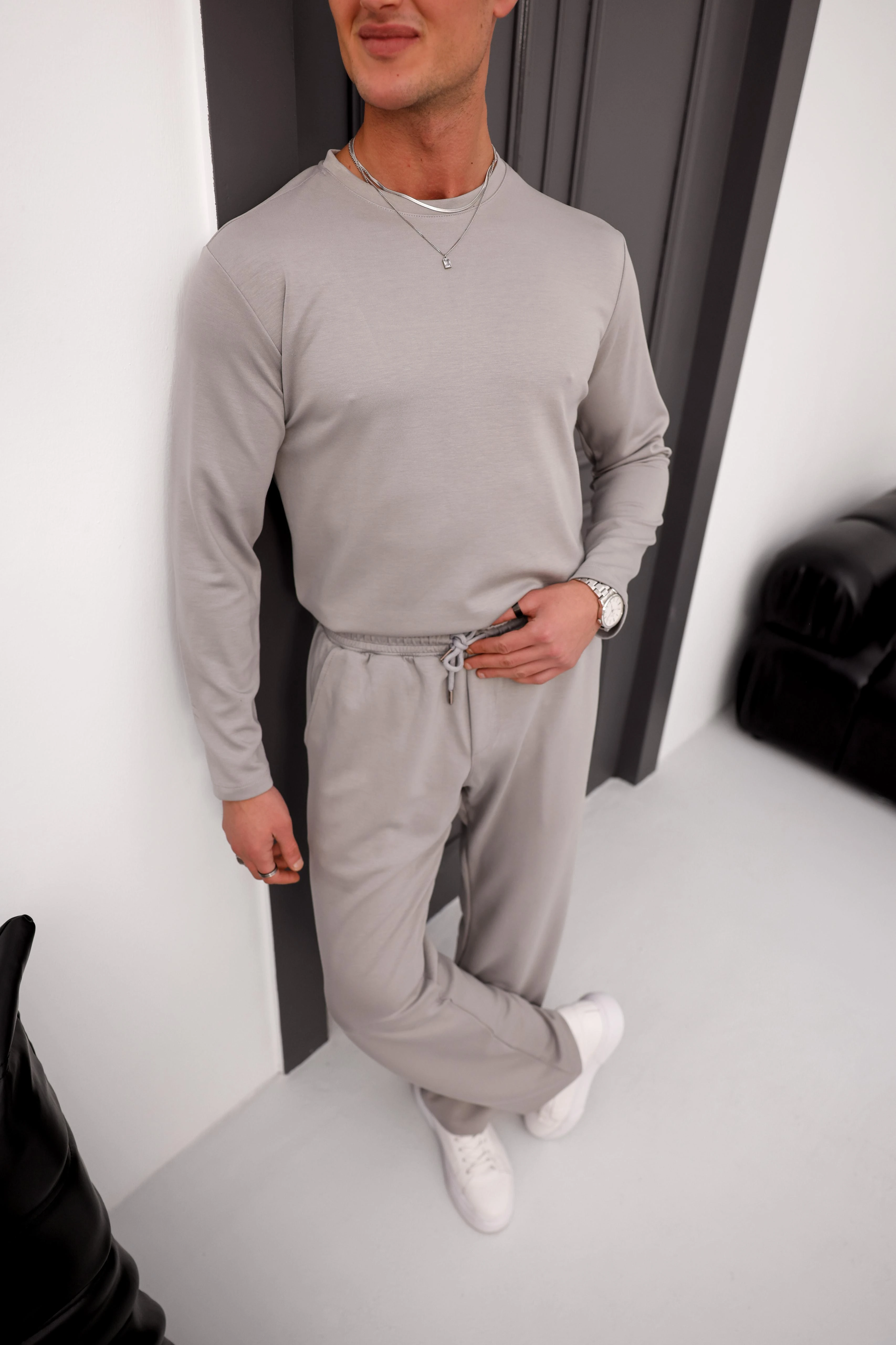 %100 Modal Kumaş Baggy Alt Üst Oversize Uzun Kollu Takım - Açık Gri