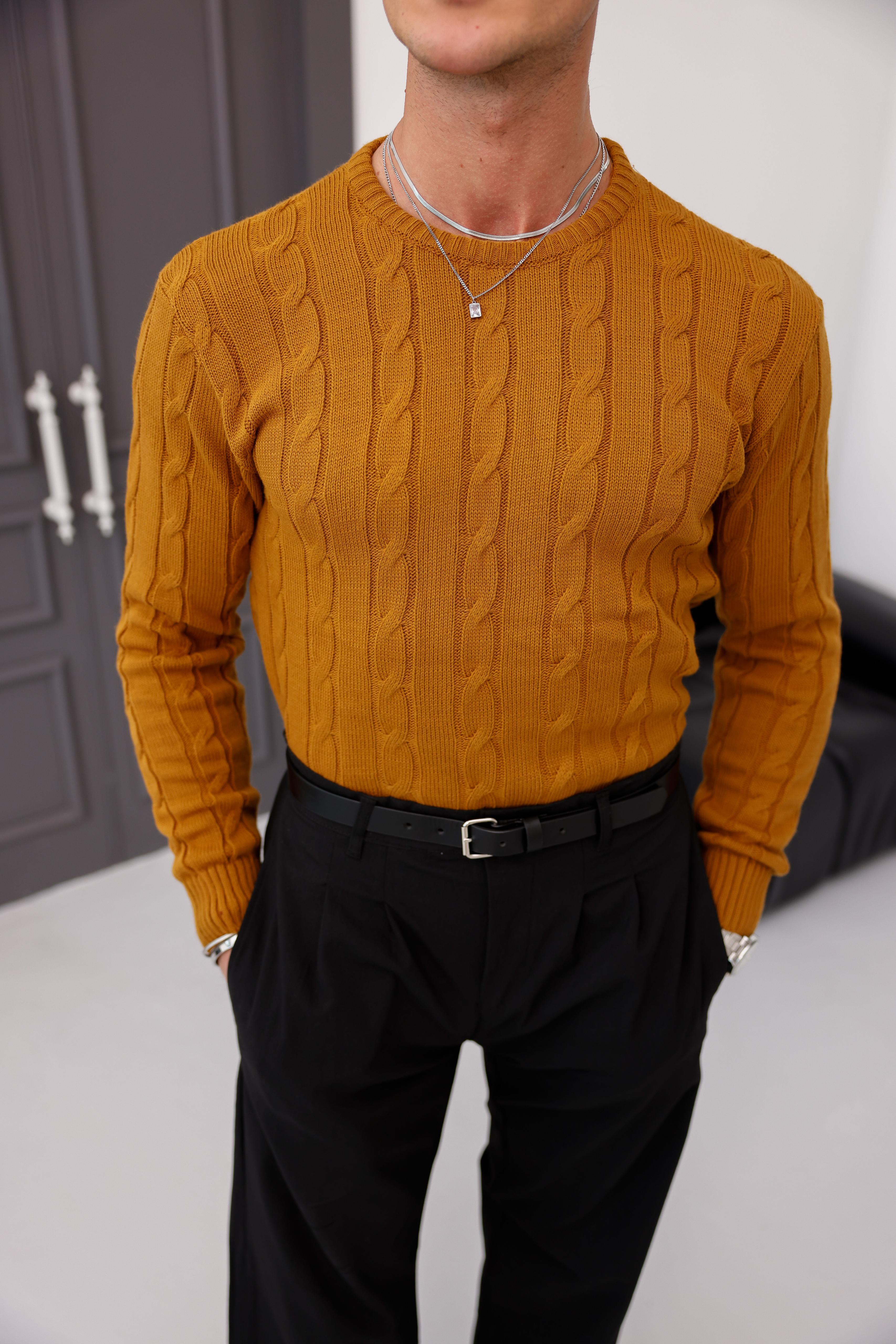 Saç Örgü Desenli Kışlık Regular Kalıp Kalın Kazak - Sarı