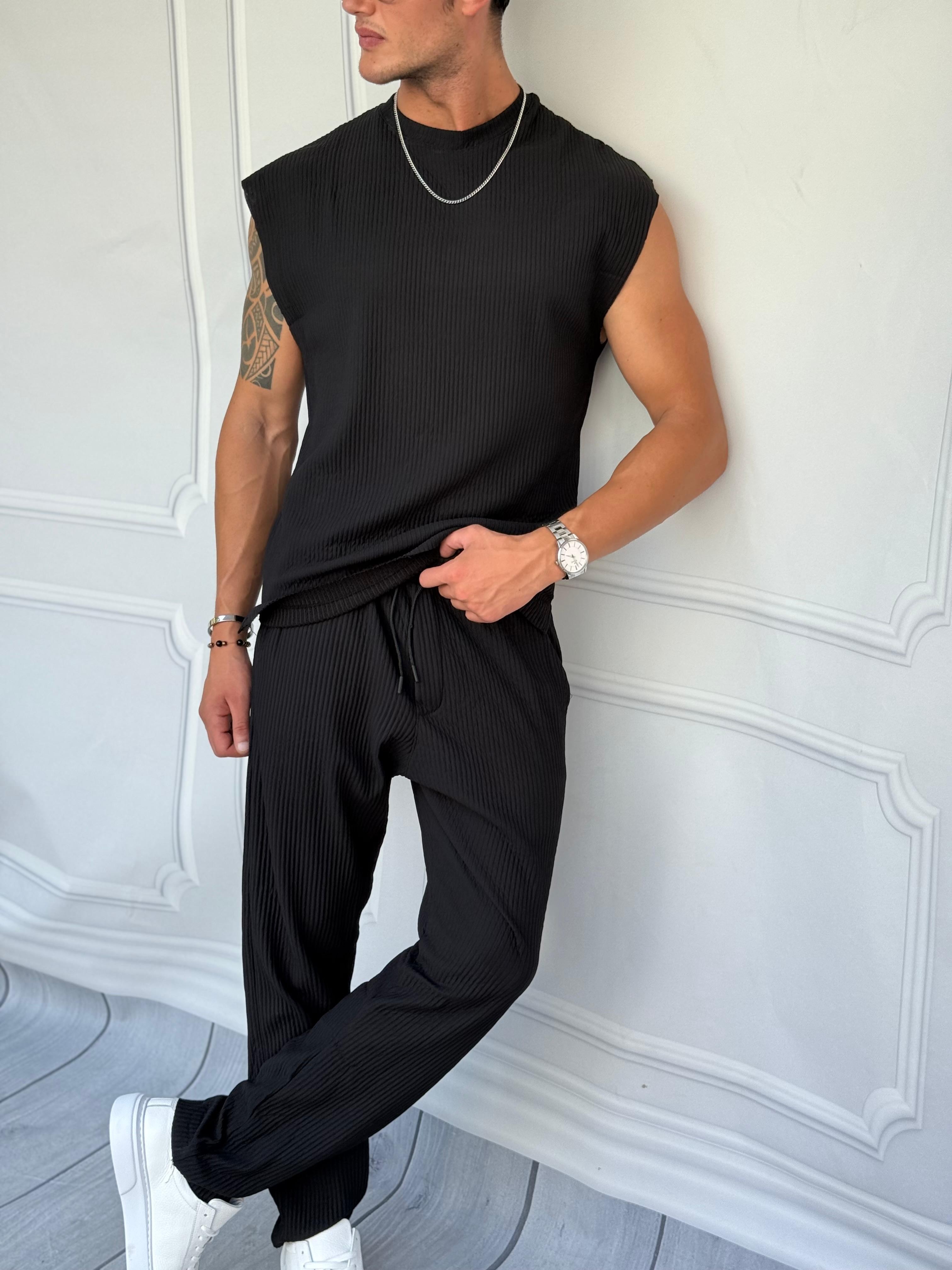 Oversize Kesim Fitilli Atlet Takım  - Siyah