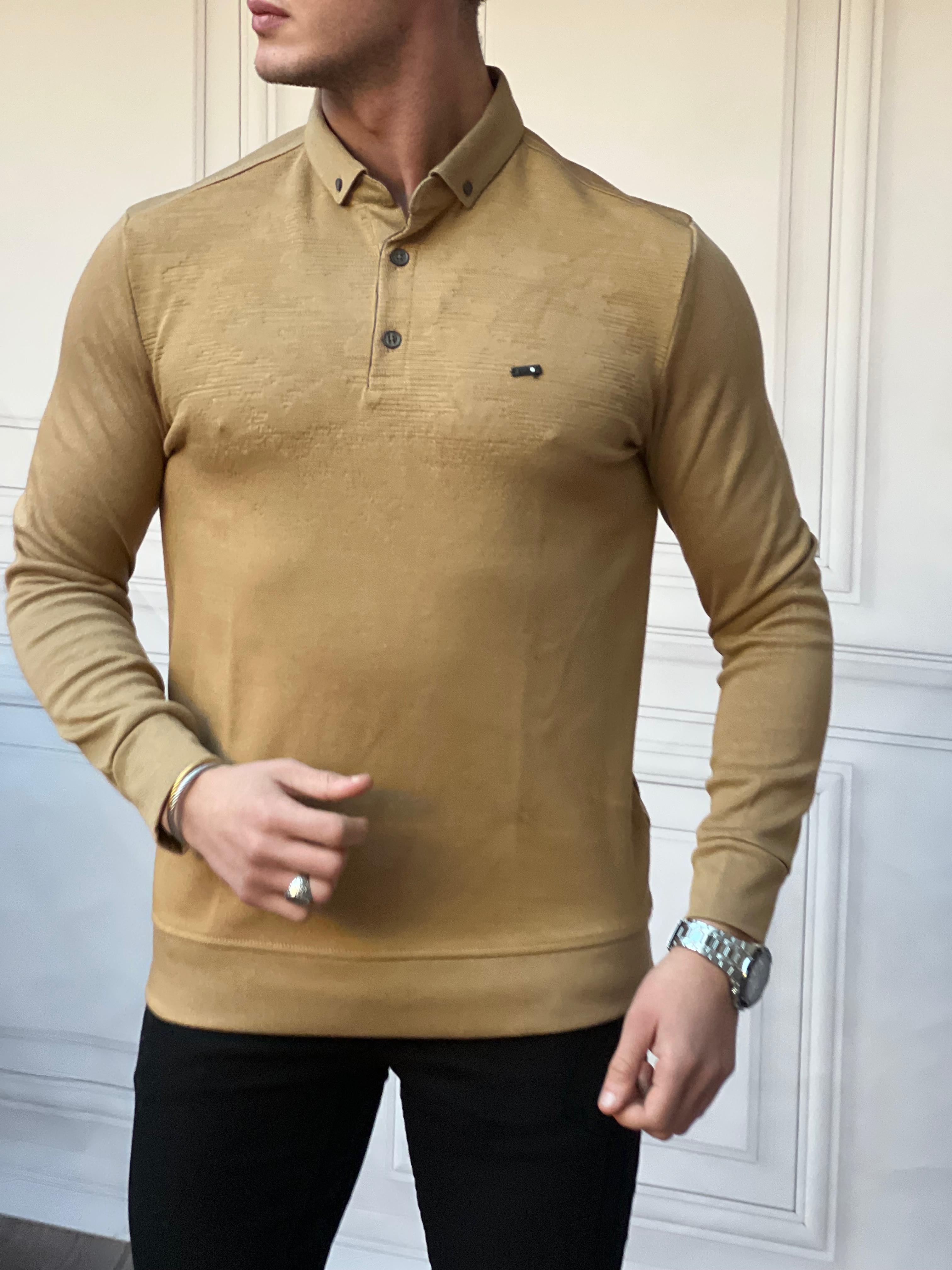 Yüksek Kalite Polo Yaka Desenli Sweatshırt  - Krem