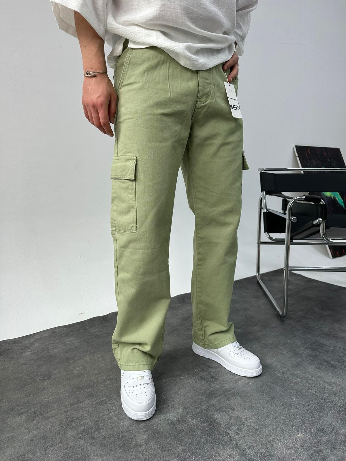 Cargo Cep Baggy Kalıp Gabardin Pantolon - Yeşil