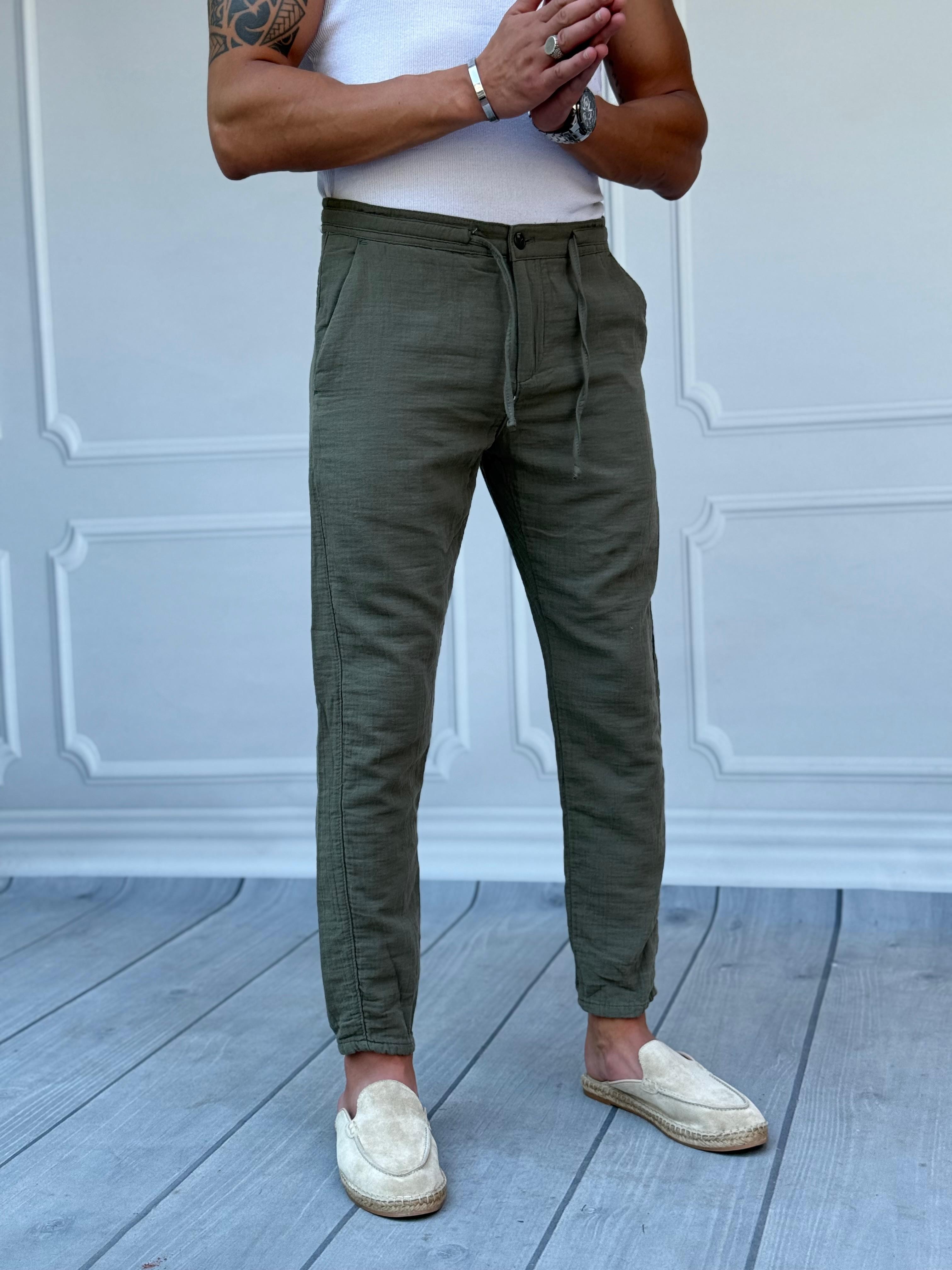 %100 Müslin Keten Regular Kalıp Keten Pantolon - Haki