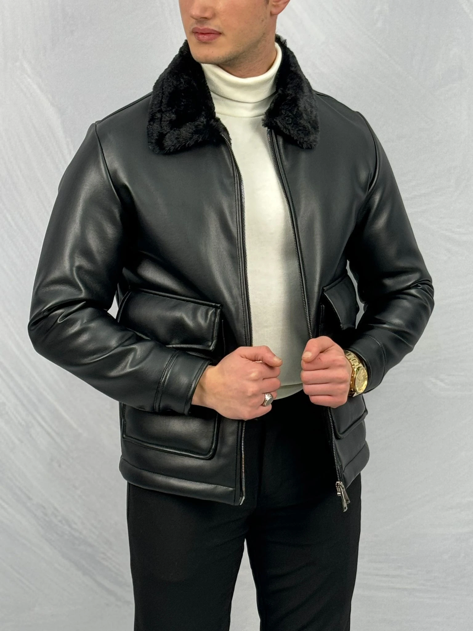 Torba Cep Detaylı Yaka Kürk Detaylı Premium Kalite Full Kürklü Deri Mont 