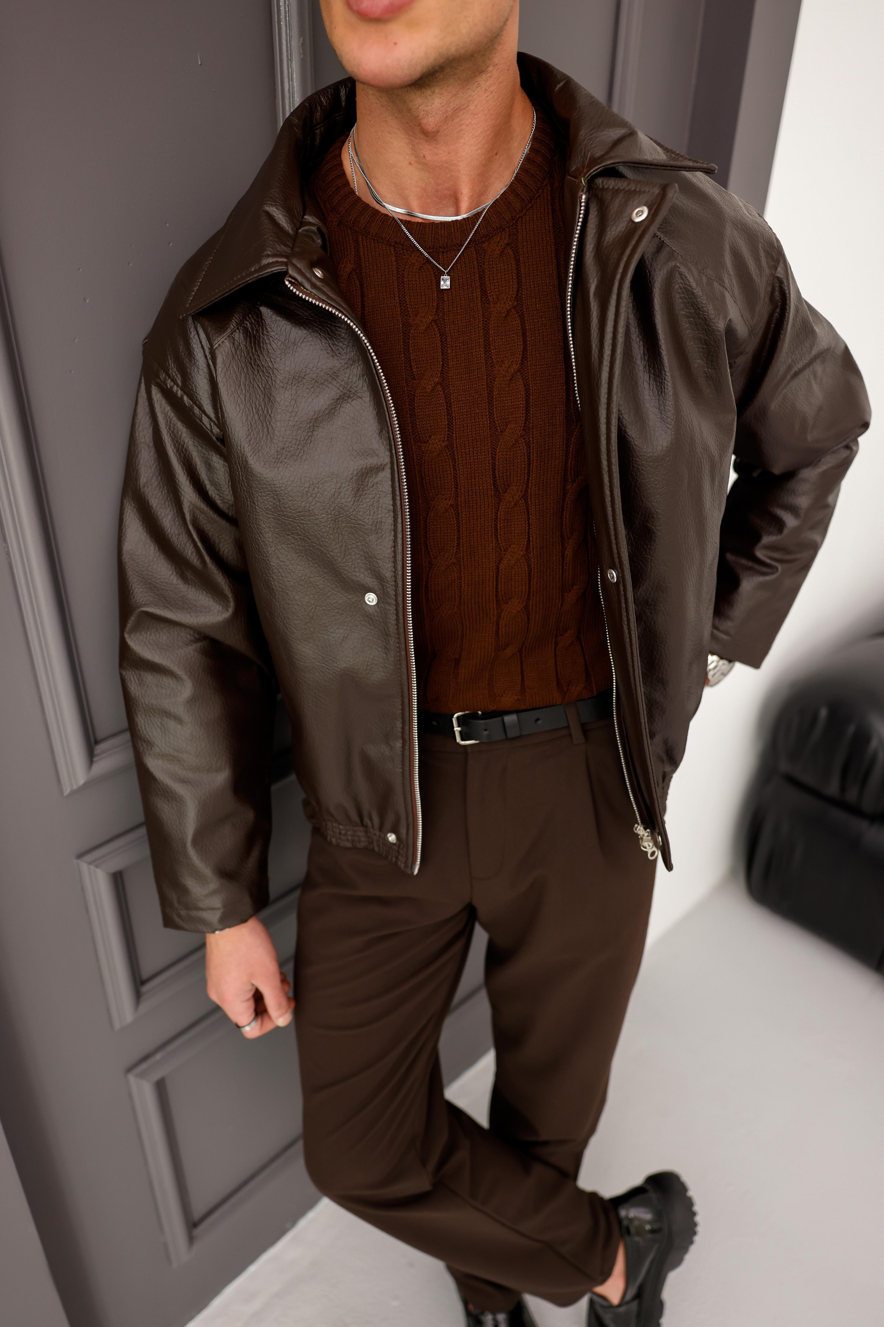 Çok Yüksek Kalite Oversize Kalıp Çİft Fermuar Detaylı Bel Lastikli Deri Mont - Koyu Kahve