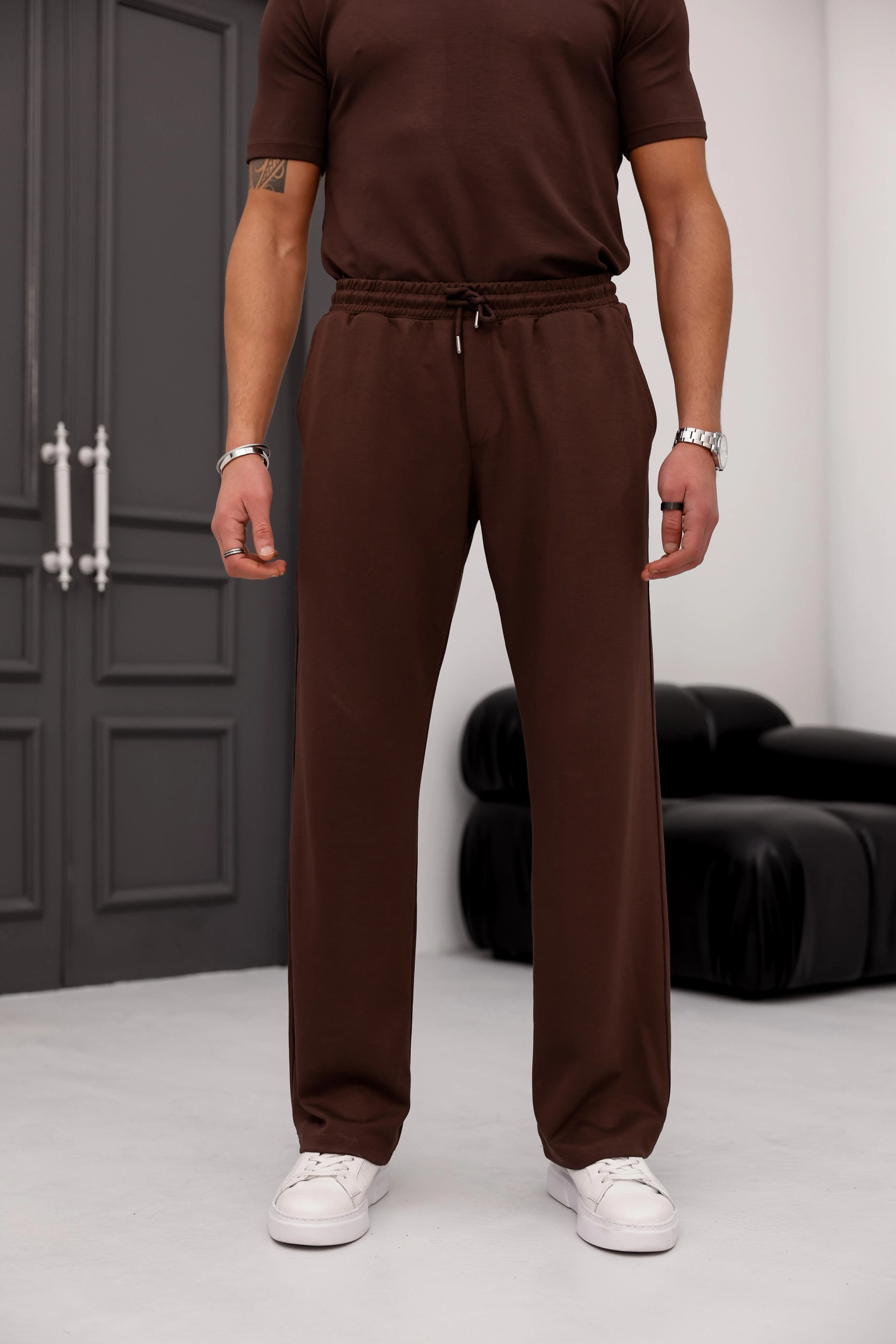 %100 Modal Kumaş Baggy Kalıp Jogger Pantolon - Kahverengi