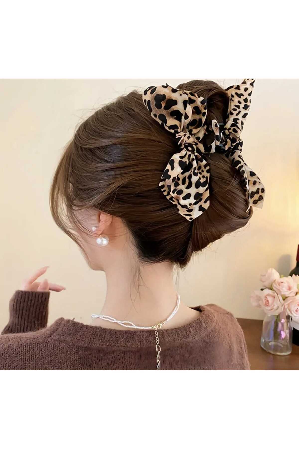 KAHVERENGİ LEOPAR DESEN FİYONK TASARIM MANDAL TOKA (BC-1214)