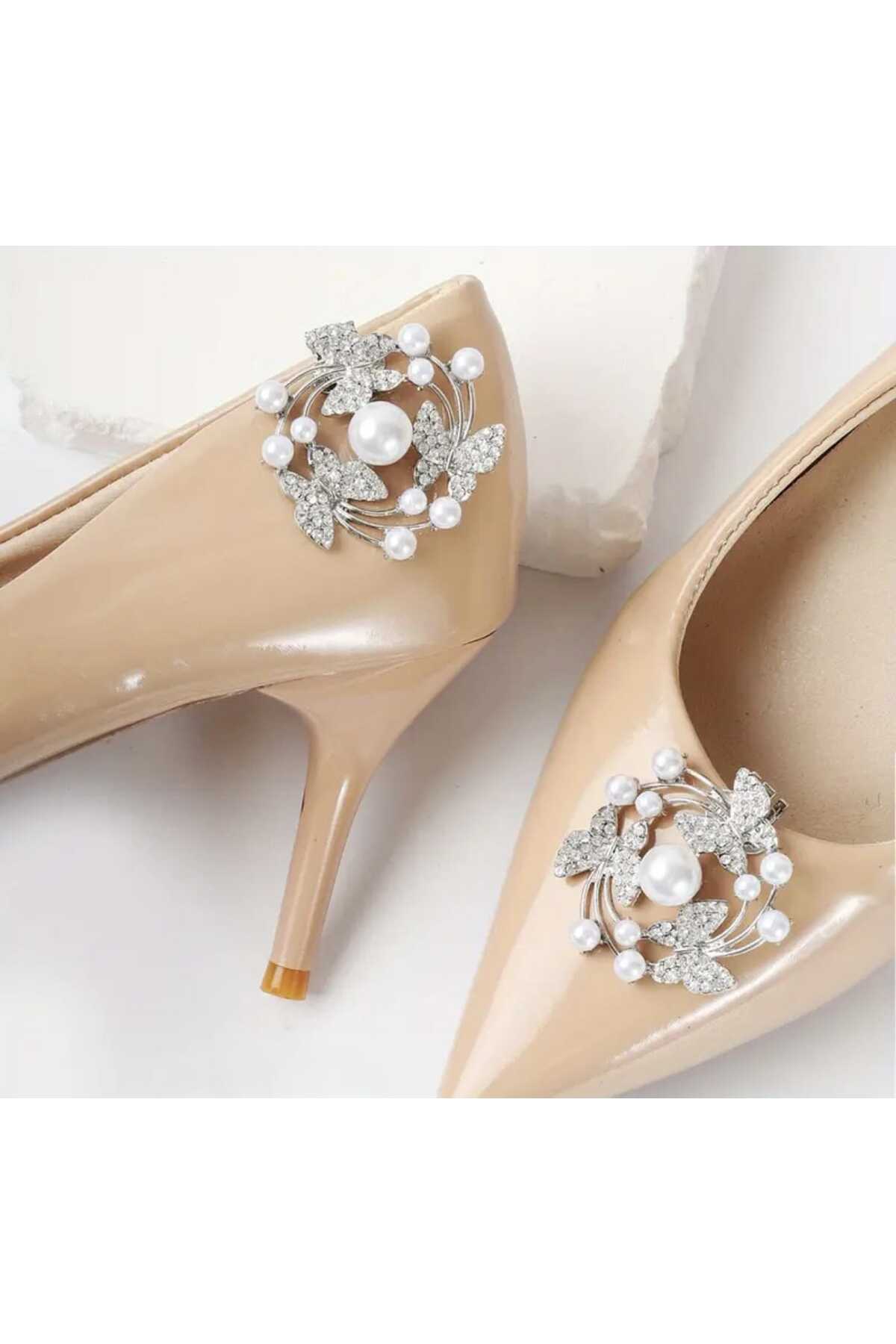 AYAKKABI TOKASI -ÇANTA CHARM -BROŞ BİR ÇİFT  ÇIKARILABİLİR KLİPSLİ İNCİLİ KELEBEK TASARIM (BC-1196 )