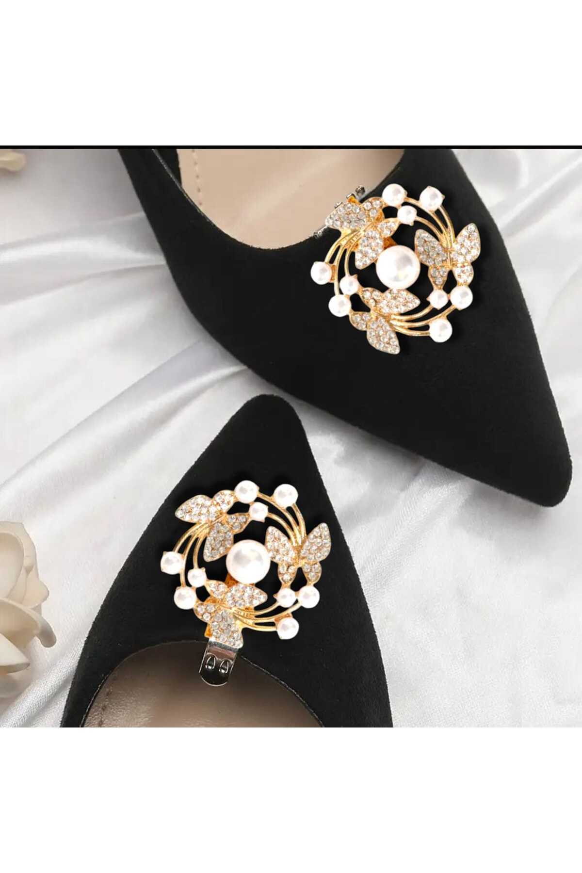 AYAKKABI TOKASI -ÇANTA CHARM -BROŞ BİR ÇİFT ÇIKARILABİLİR KLİPSLİ  İNCİLİ KELEBEK TASARIM (BC-1197 )