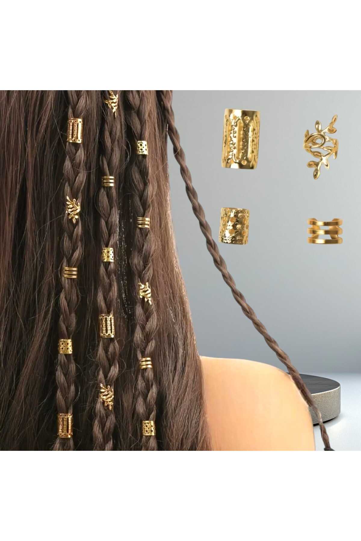 Bohem Saç Halkası Saç Küpesi Yapraklı Model Seti 10 Lu Hair Charms ( Bc-1138 )