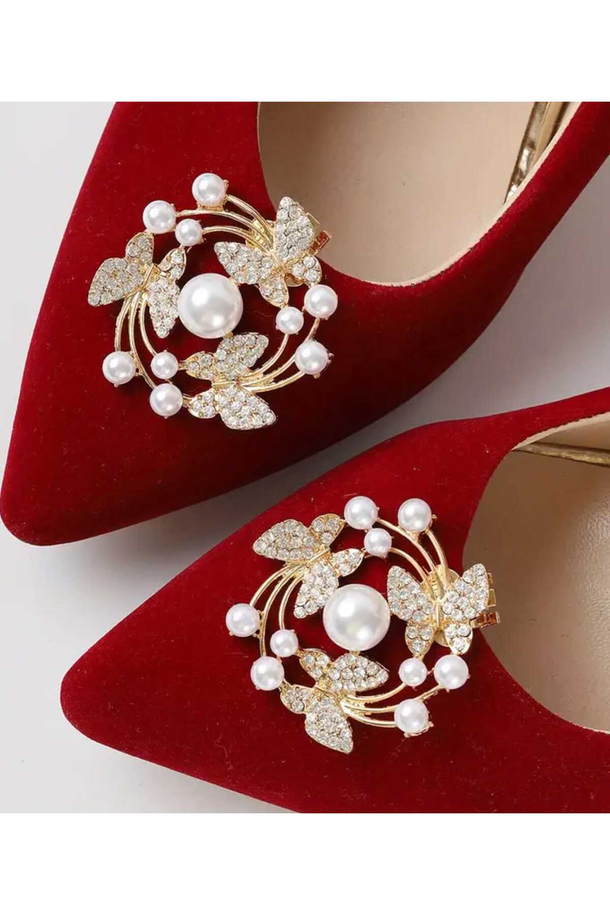 AYAKKABI TOKASI -ÇANTA CHARM -BROŞ BİR ÇİFT ÇIKARILABİLİR KLİPSLİ  İNCİLİ KELEBEK TASARIM (BC-1197 )