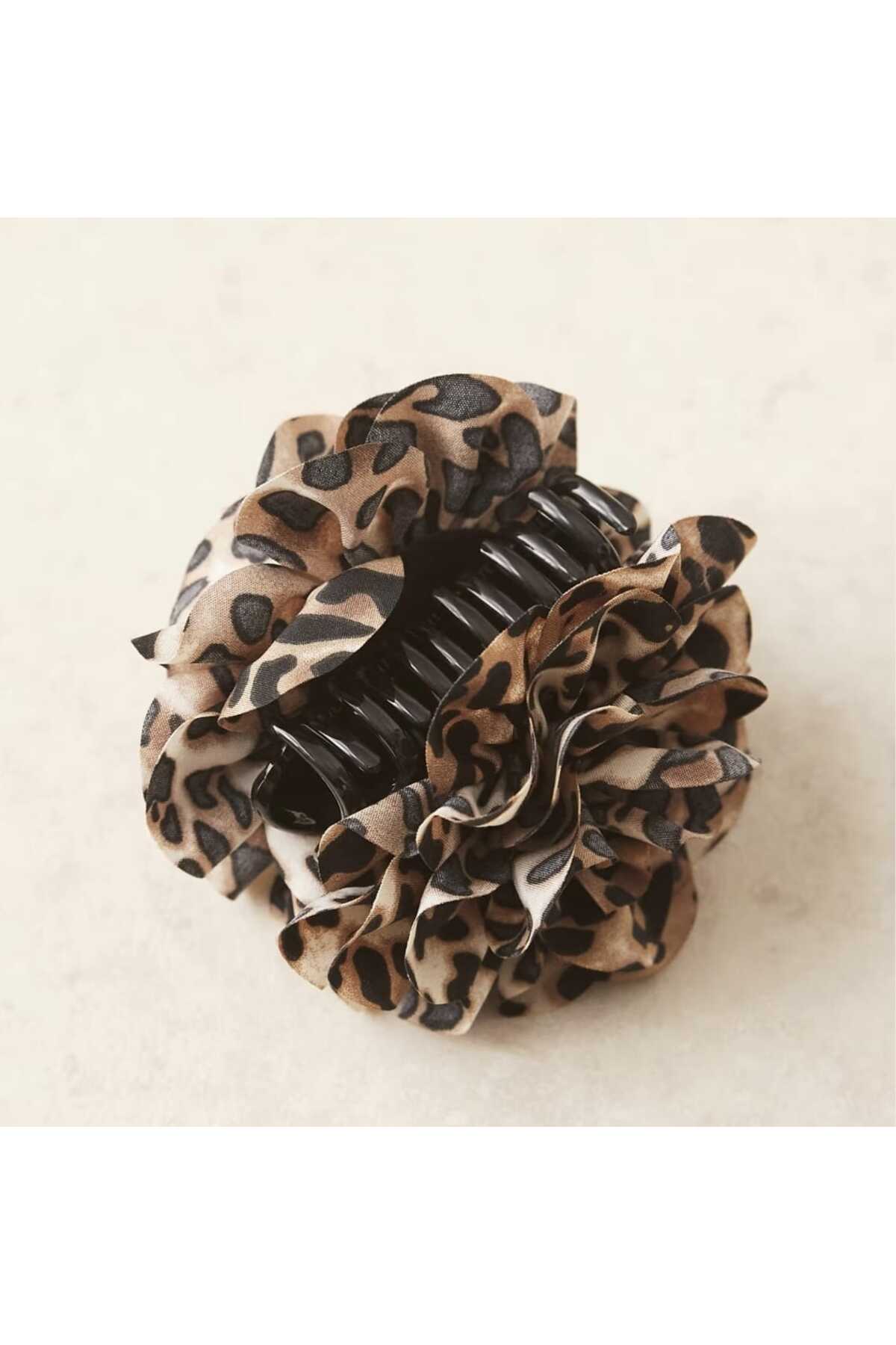 KAHVERENGİ LEOPAR DESENLİ GÜL TASARIM MANDAL TOKA (BC-1243 )