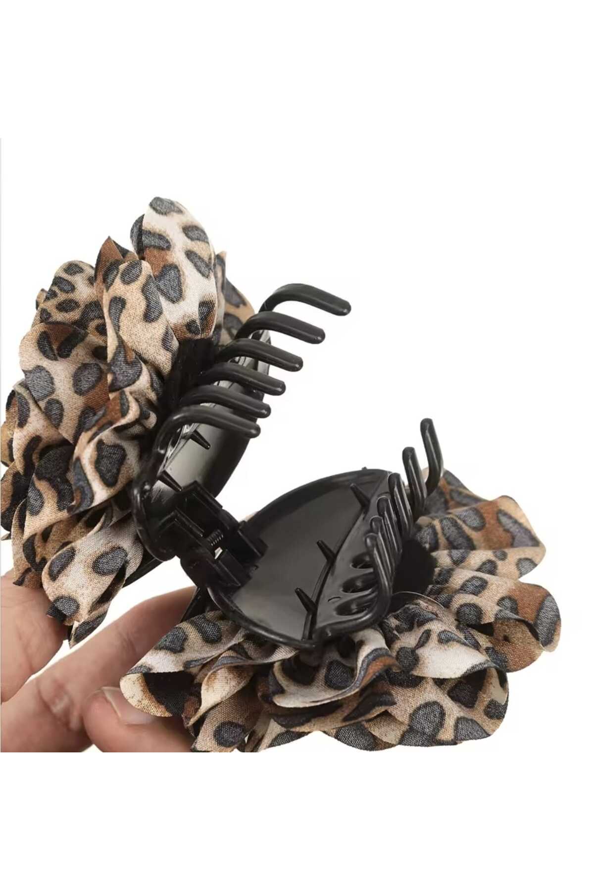 KAHVERENGİ LEOPAR DESENLİ GÜL TASARIM MANDAL TOKA (BC-1243 )