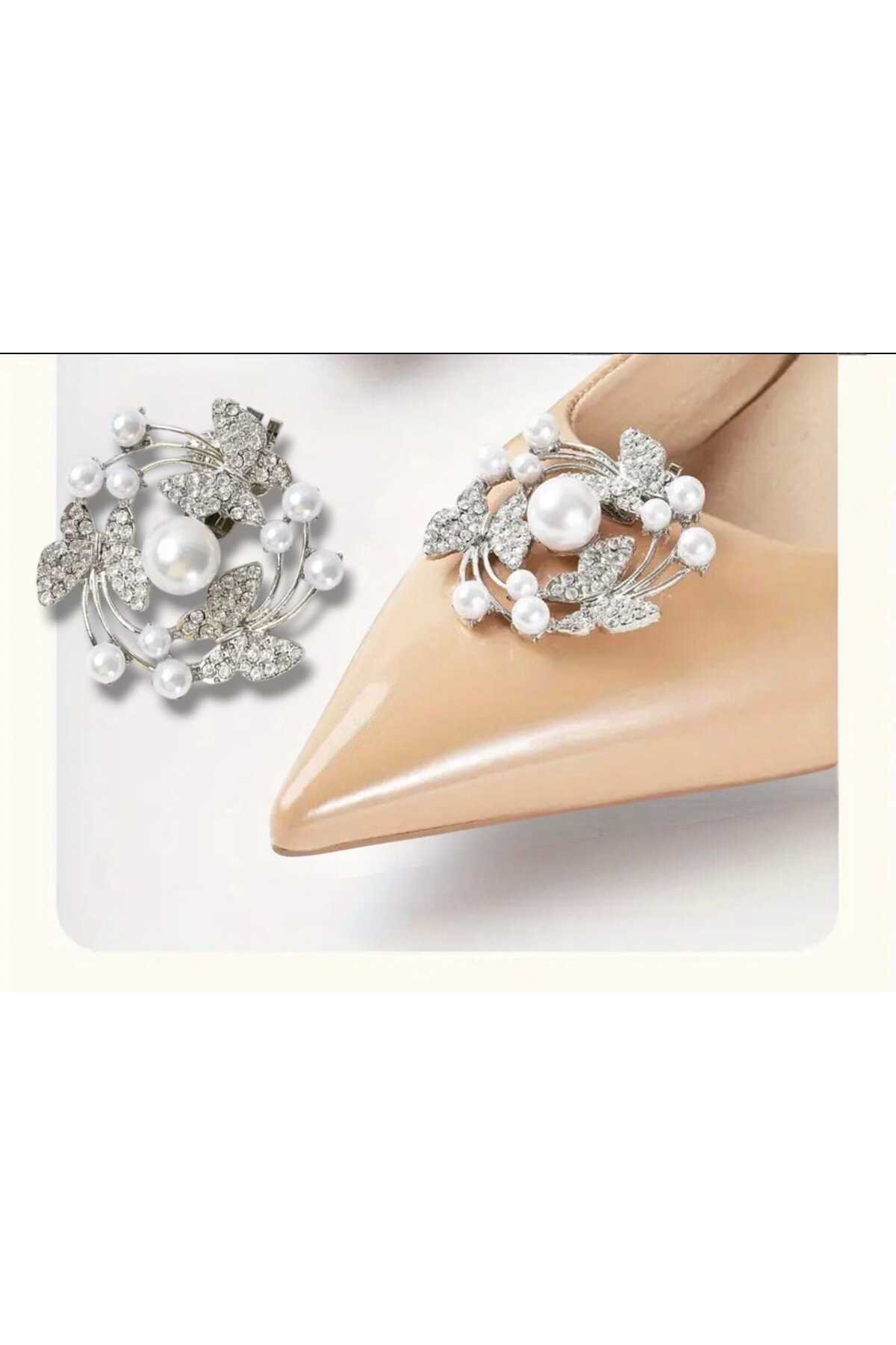 AYAKKABI TOKASI -ÇANTA CHARM -BROŞ BİR ÇİFT  ÇIKARILABİLİR KLİPSLİ İNCİLİ KELEBEK TASARIM (BC-1196 )