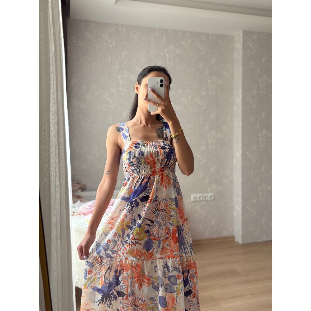 DESENLİ VİSKON KUMAŞ KALIN ASKILI ELBİSE