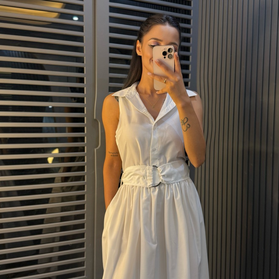 Poplin Kumaş Kemer Detaylı Beyaz Midi Boy Elbise