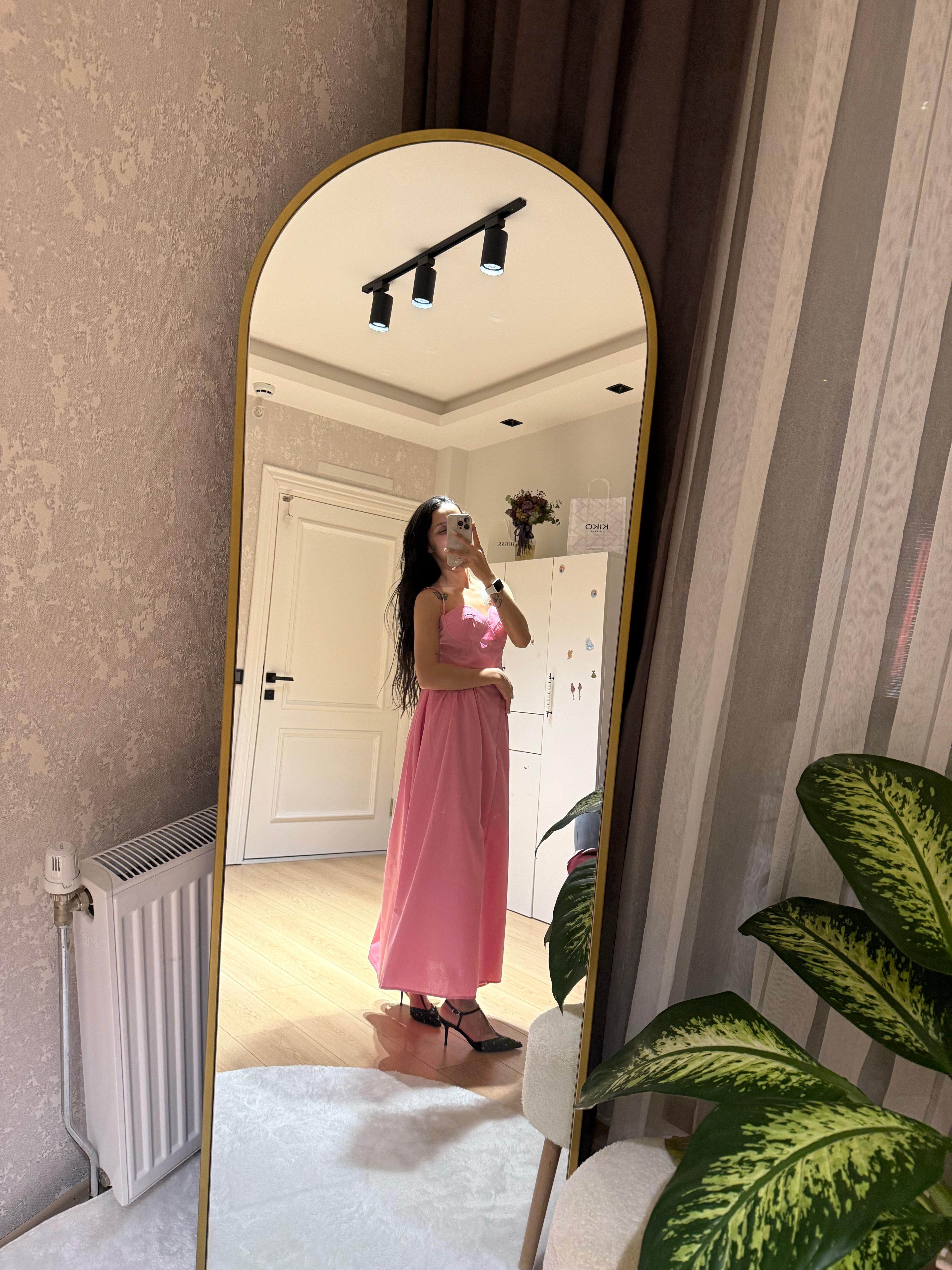 Pembe Askılı Gloplu Elbise