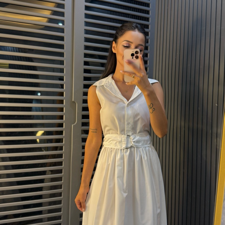 Poplin Kumaş Kemer Detaylı Beyaz Midi Boy Elbise