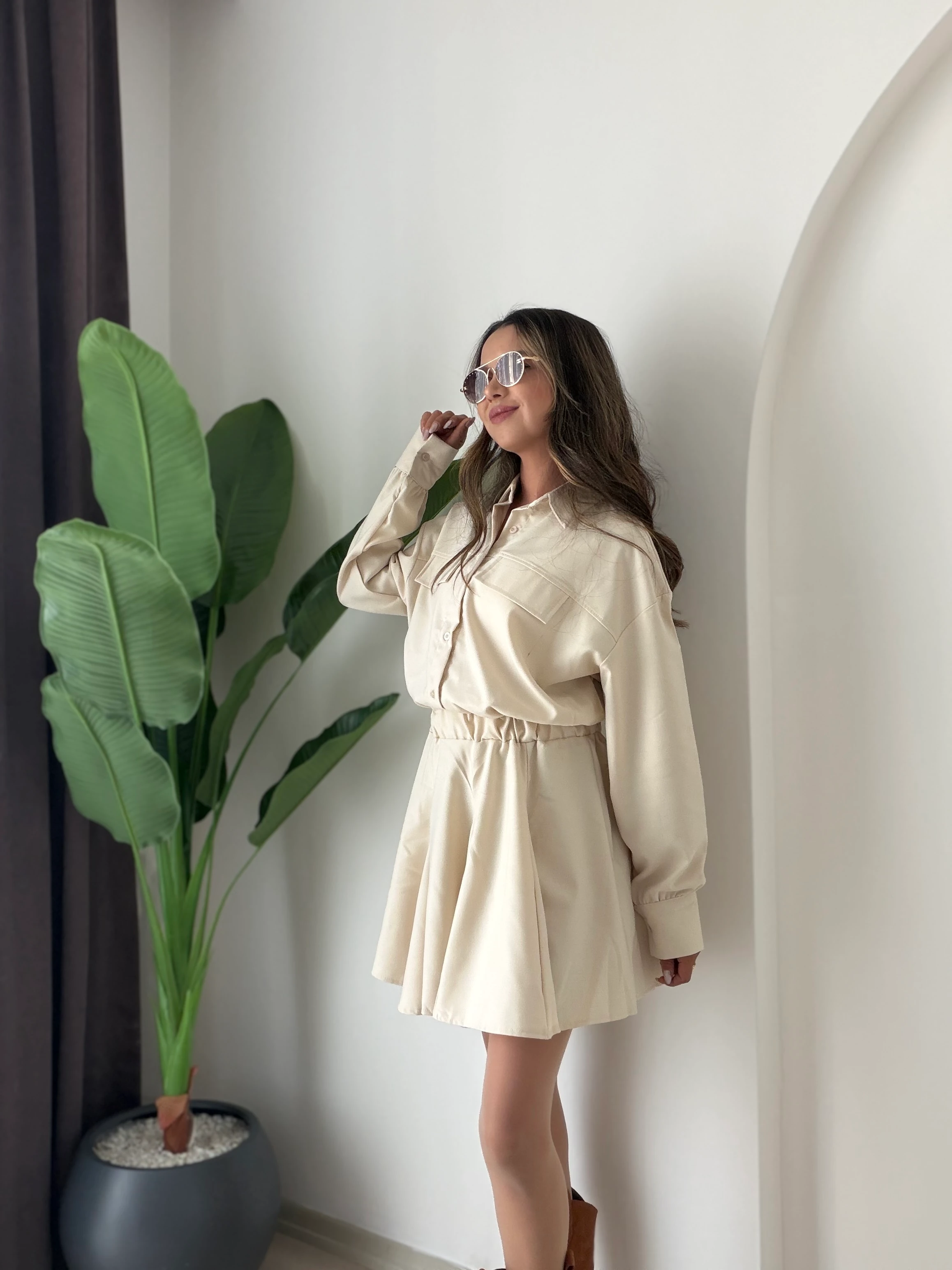 Volanlı Gömlek Yaka Elbise 