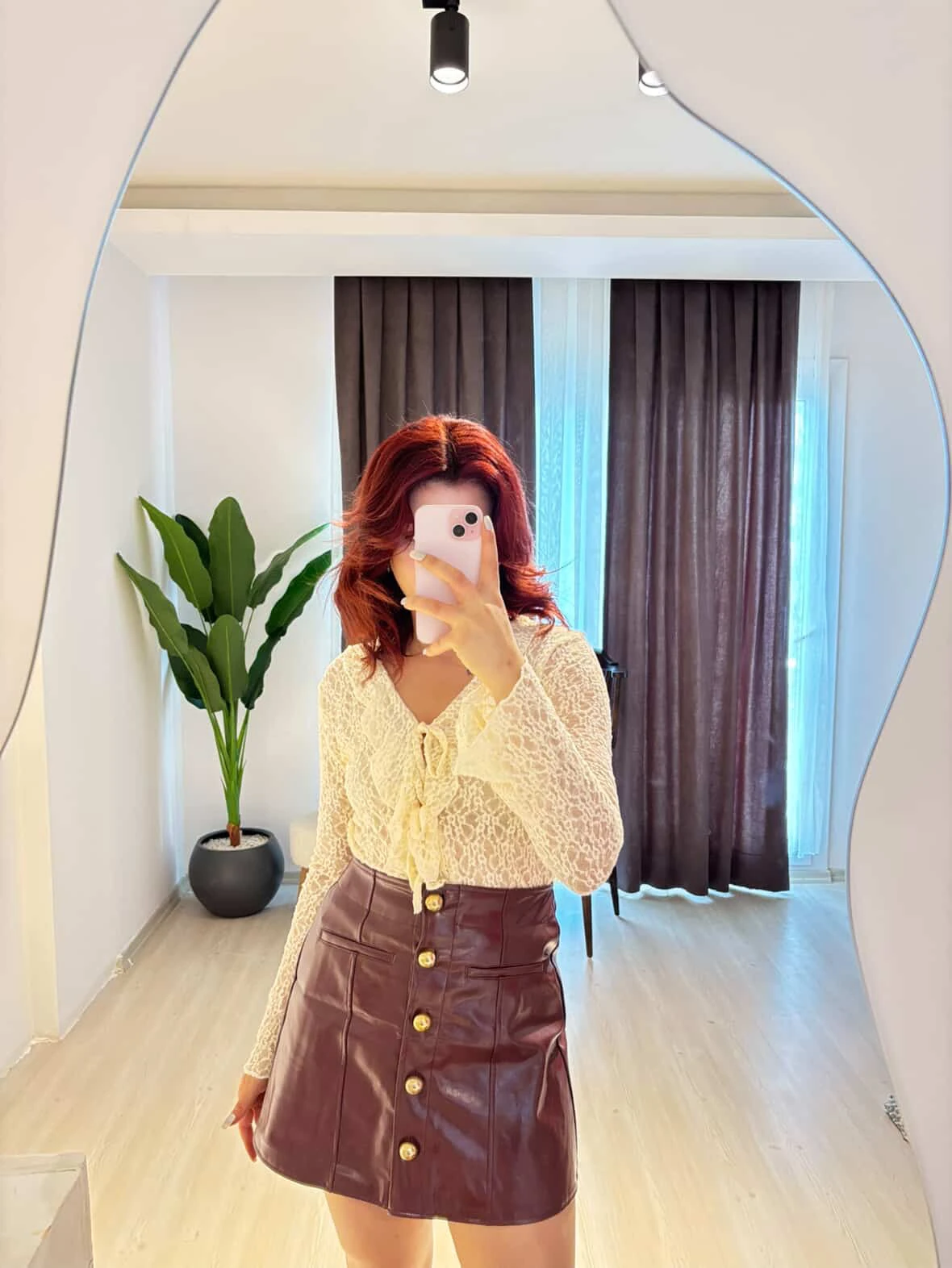 Gold Düğme Detaylı Deri Etek