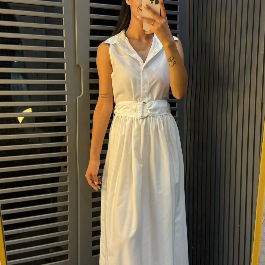 Poplin Kumaş Kemer Detaylı Beyaz Midi Boy Elbise