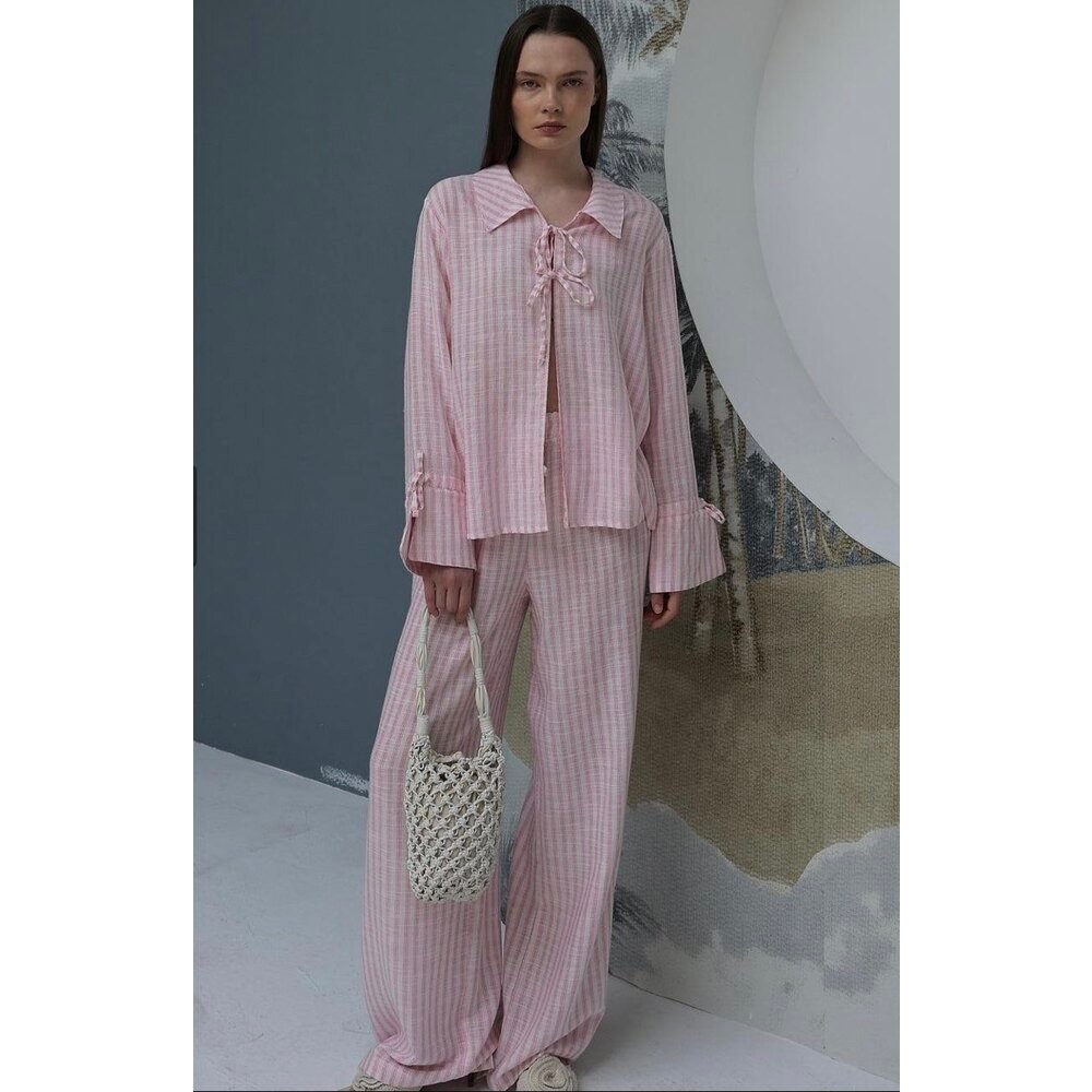PEMBE ÇİZGİLİ BAĞCIKLI MODERN İKİLİ TAKIM
