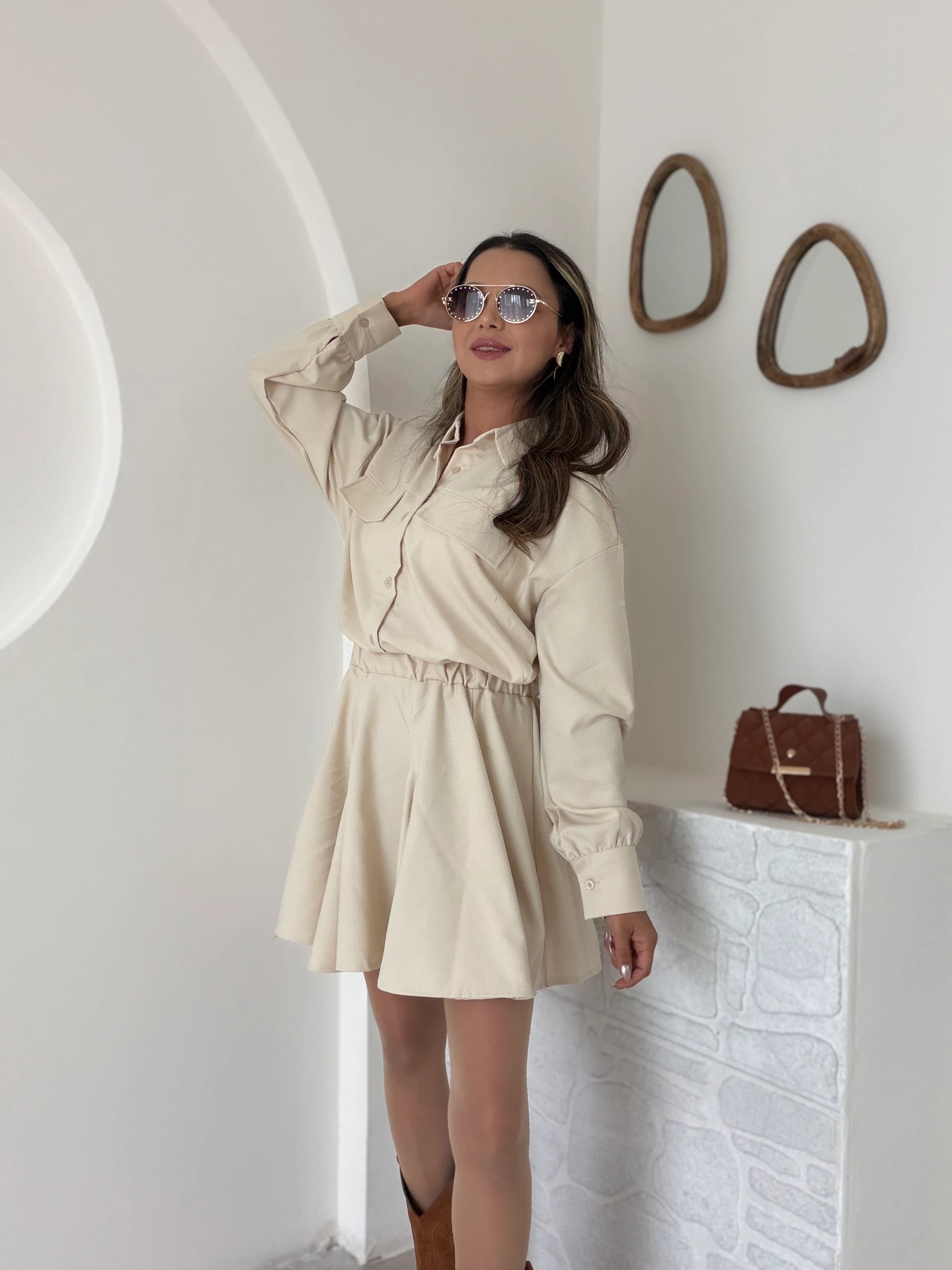 Volanlı Gömlek Yaka Elbise 