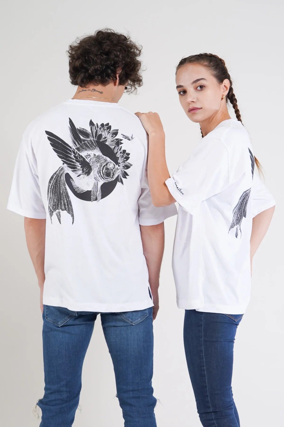 Balık Desen Baskılı Oversize Unisex T-shirt - Beyaz