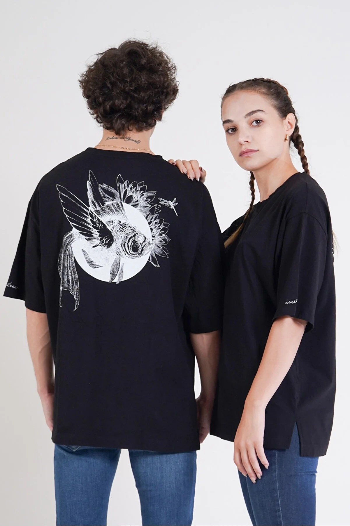 Balık Desen Baskılı Oversize Unisex T-shirt - Siyah