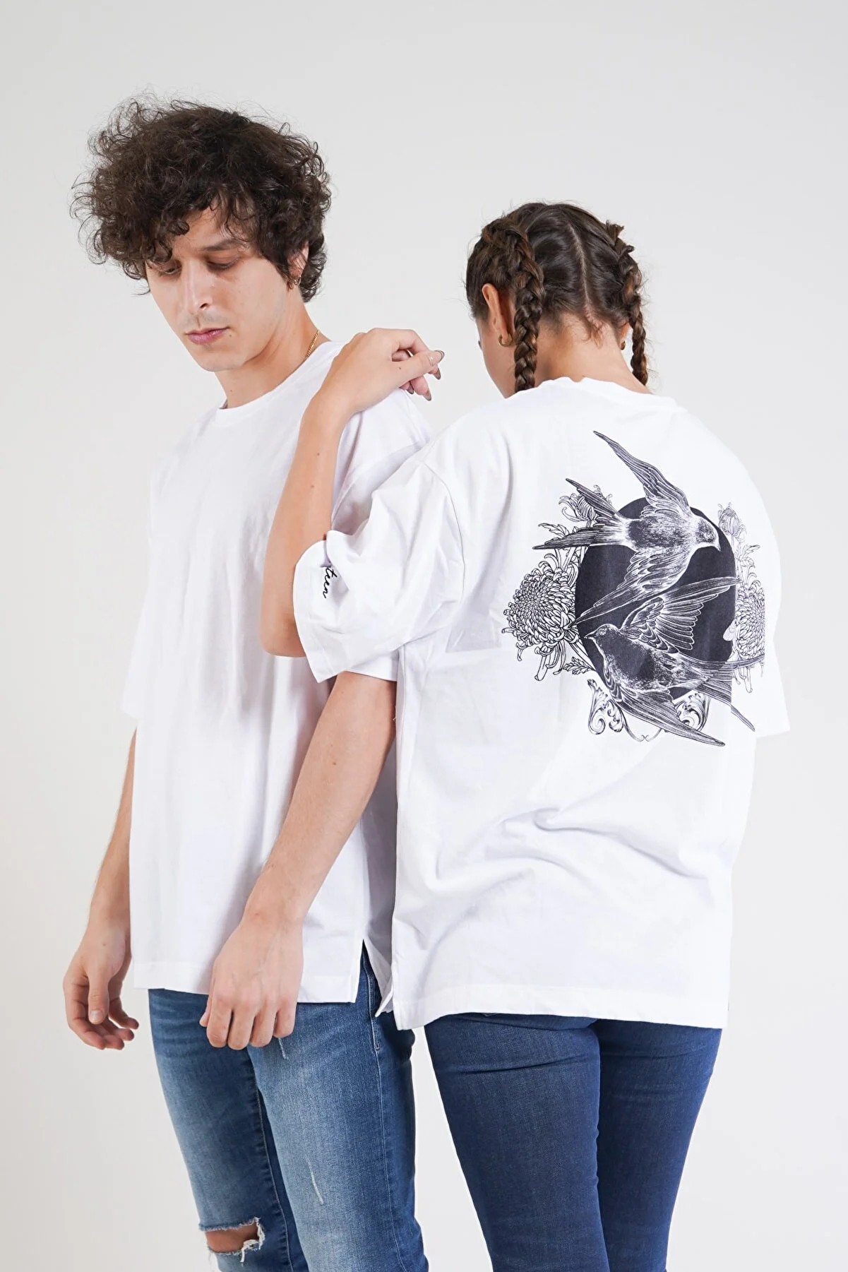 Kuş Desen Baskılı Oversize Unisex T-shirt - Beyaz