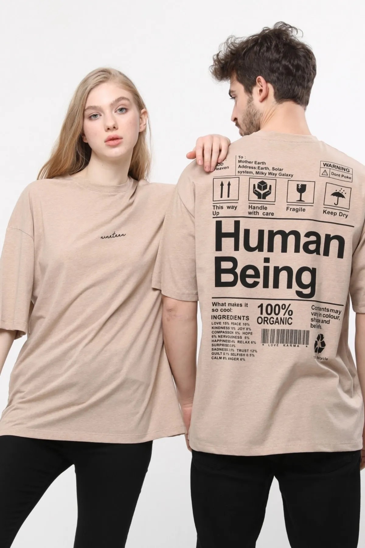 Baskılı Unisex Oversize T-shirt - Bej