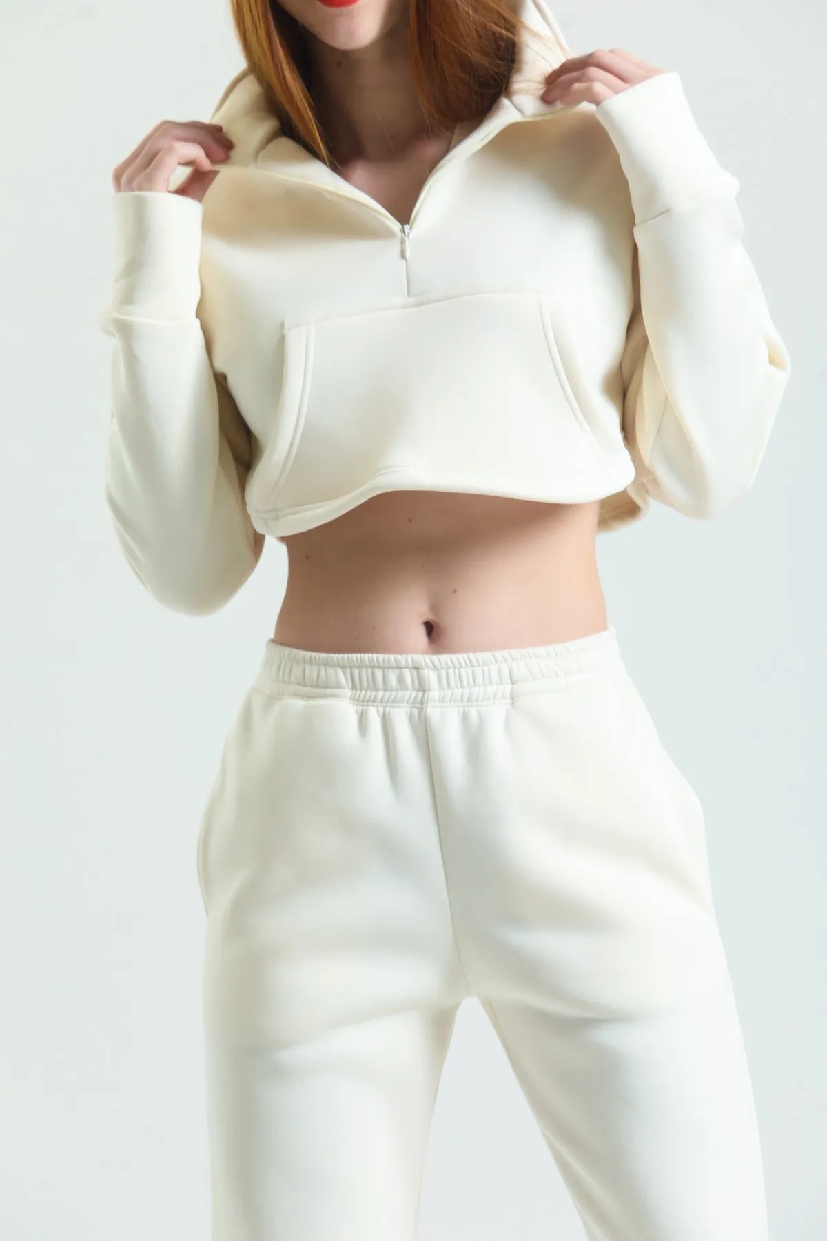 Fermuarlı Crop Sweatshirt - Ekru