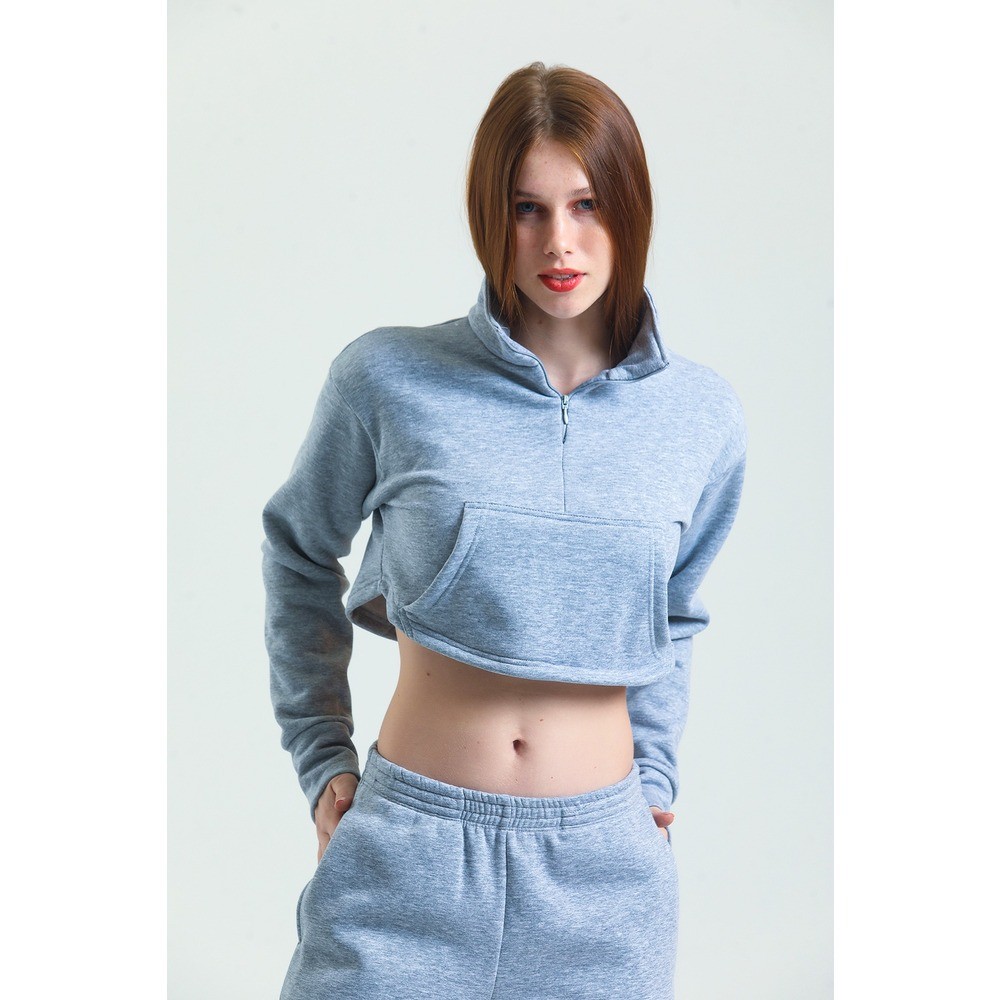 Fermuarlı Crop Sweatshirt - Gri