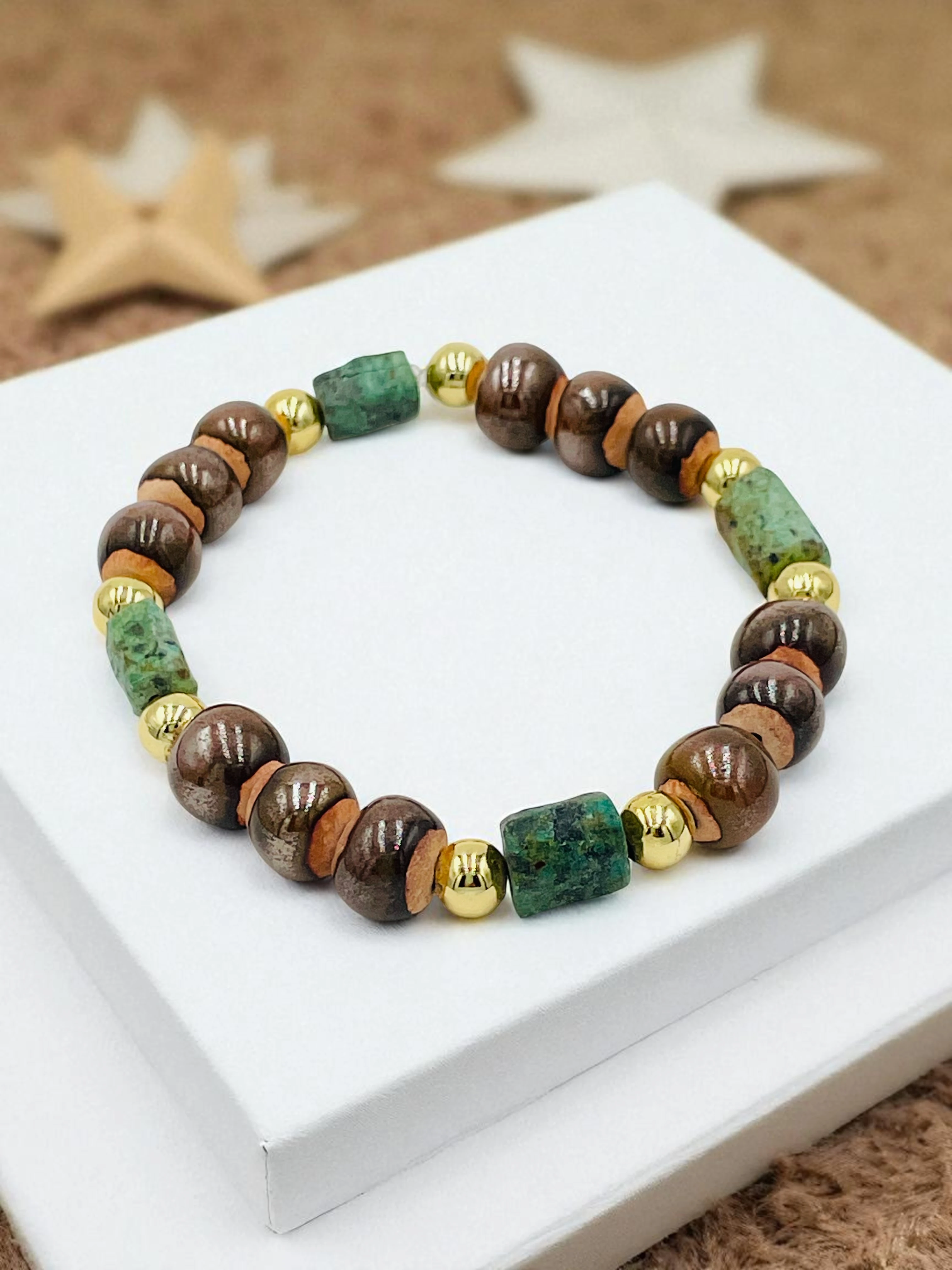 KRİZOPRAS DETAYLI EL YAPIMI TOPRAK BONCUK BİLEKLİK