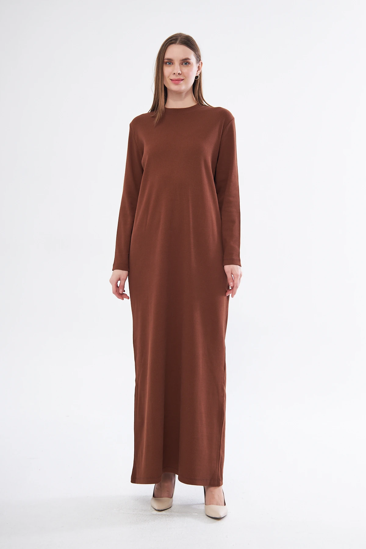 Uzun Kollu Ribana Elbise - Acı Kahve
