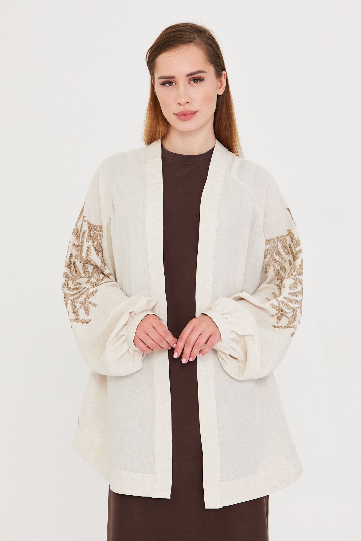 Kahverengi Nakış Detaylı, Ekru, Keten Kimono Gömlek