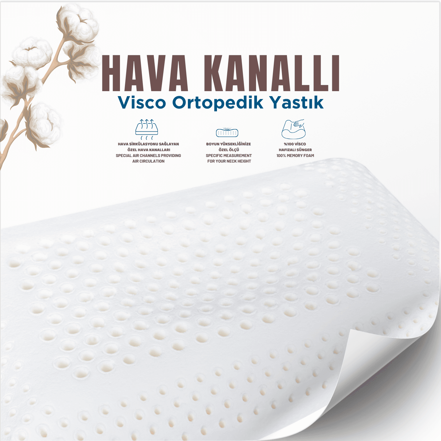  Pamuk Kılıflı Small Visco Ortopedik Yastık, Kahverengi, 60x40x10 cm