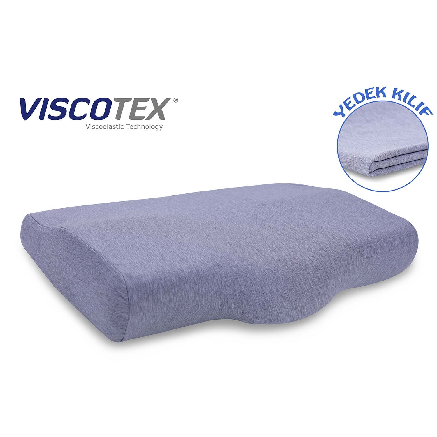 Viscotex Boyun Destekli Isı Düzenleyici Visco Yastık, 60x40x11/7 cm, Yedek Kılıflı - Taşıma Çantalı, Ortopedik, Gri-Mavi