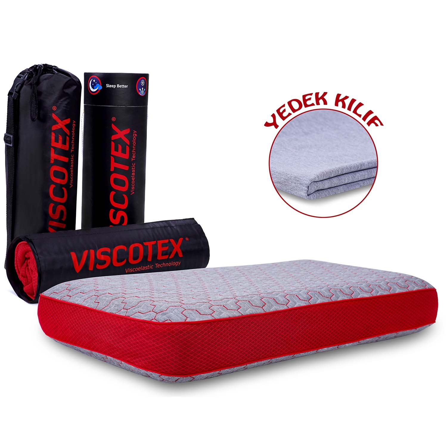 Viscotex Boyun Destekli Lyocell Kılıflı Yastık, 70x40x12 cm, Yedek Pamuk Kılıflı, Taşıma Çantalı, Ortopedik, Gri-Kırmızı