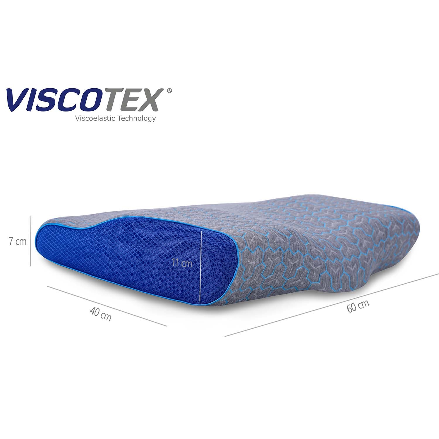 Viscotex Boyun Destekli Isı Düzenleyici Visco Yastık, 60x40x11/7 cm, Yedek Kılıflı - Taşıma Çantalı, Ortopedik, Gri-Mavi