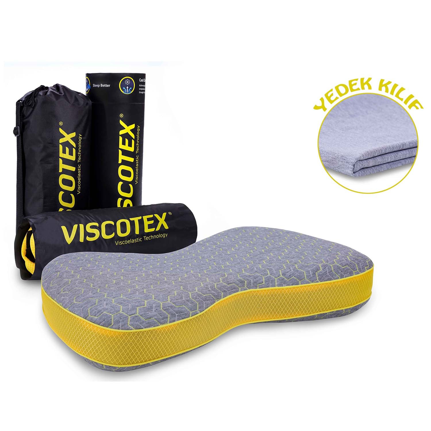 Viscotex Boyun Destekli Doğal Botanik Lif Kılıflı Visco Yastık, 60x40x12 cm, Yedek Pamuk Kılıflı, Taşıma Çantalı, Ortopedik, Gri-Sarı