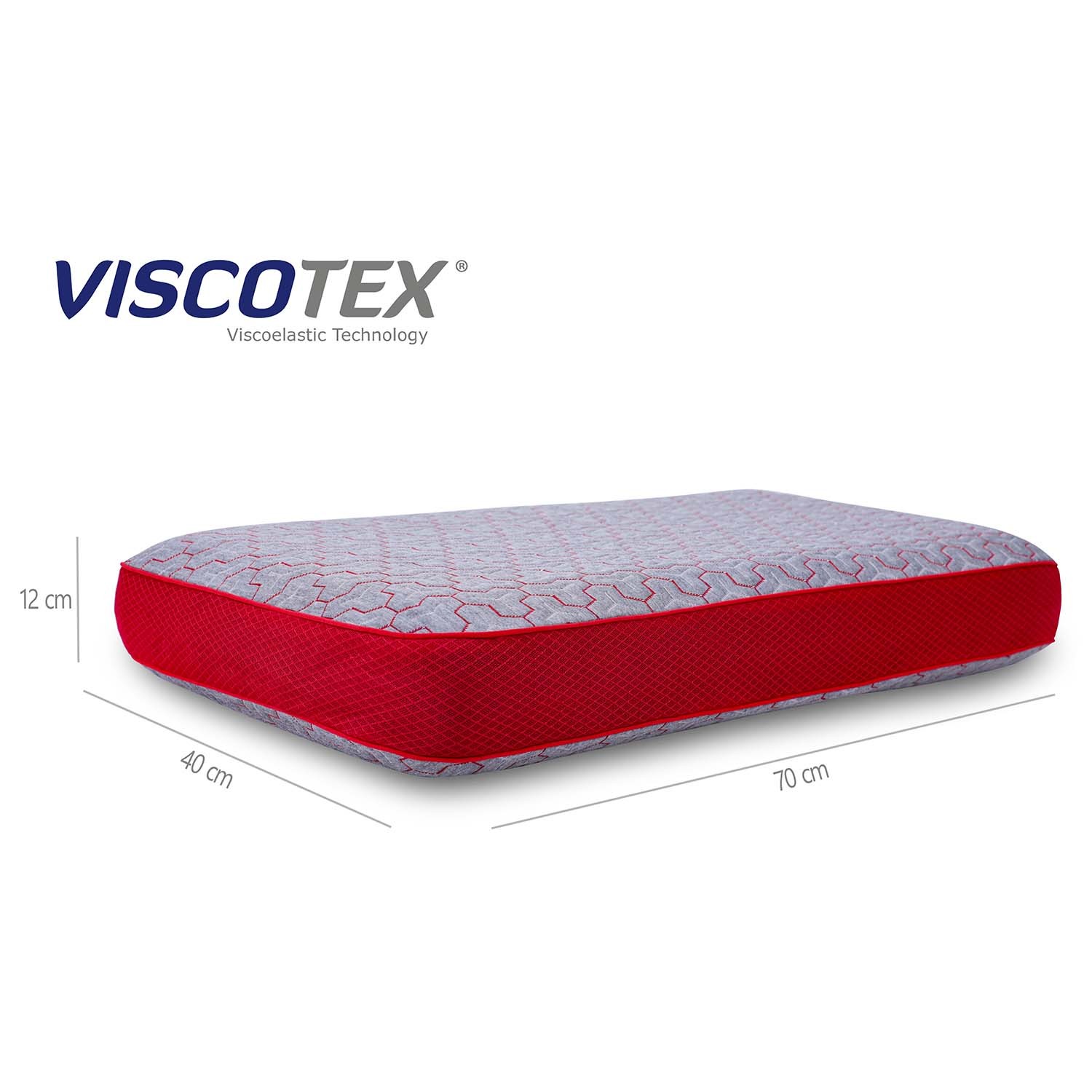 Viscotex Boyun Destekli Lyocell Kılıflı Yastık, 70x40x12 cm, Yedek Pamuk Kılıflı, Taşıma Çantalı, Ortopedik, Gri-Kırmızı