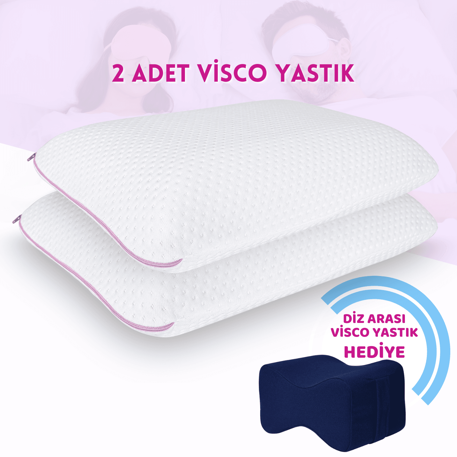 2'li Set Visco Hava Kanallı Ortopedik Yastık, 60x40x14cm, Beyaz-Pembe