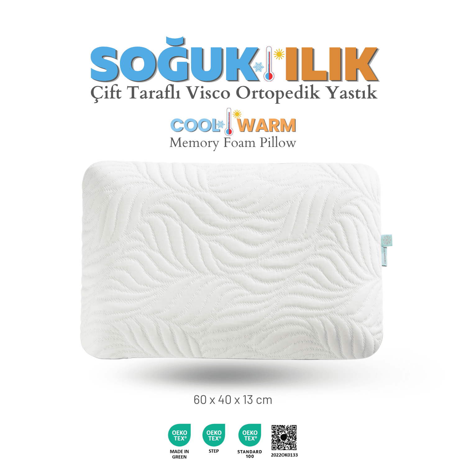 Soğuk ve Ilık Yüzeyli, Çift Taraflı Kılıf, Hava Kanallı Visco Ortopedik Yastık, 60x40x13 cm, Beyaz