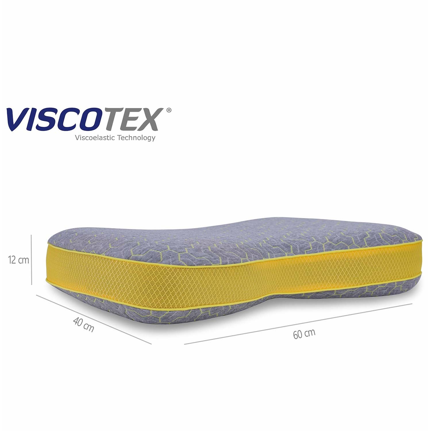 Viscotex Boyun Destekli Doğal Botanik Lif Kılıflı Visco Yastık, 60x40x12 cm, Yedek Pamuk Kılıflı, Taşıma Çantalı, Ortopedik, Gri-Sarı