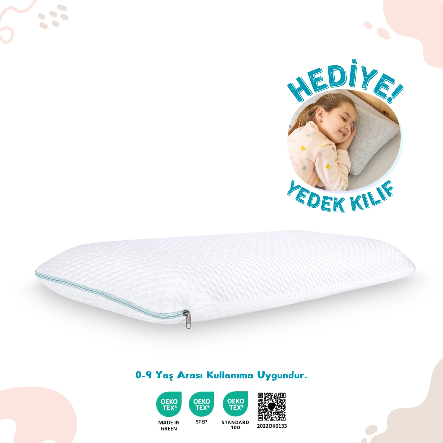 Viscotex Visco Hava Kanallı Çocuk Yastığı, 66x33xx6 cm, Kids Pillow, Ortopedik Yastık, Turkuaz-Beyaz