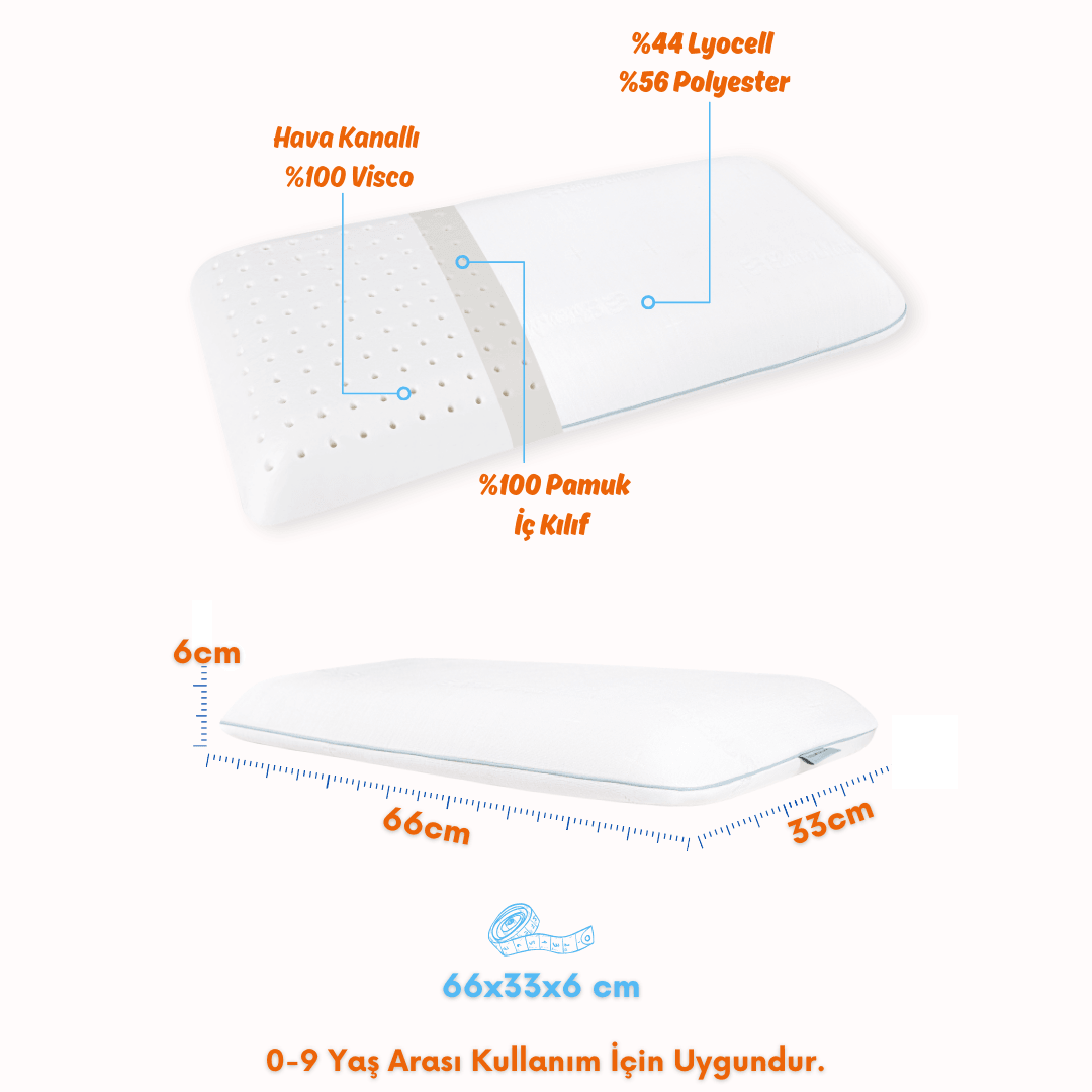 Viscotex Visco Cairfull Boğulma Önleyici Çocuk Yastığı, 66x33x6cm, Nefes Alabilen Ortopedik Yastık, Beyaz