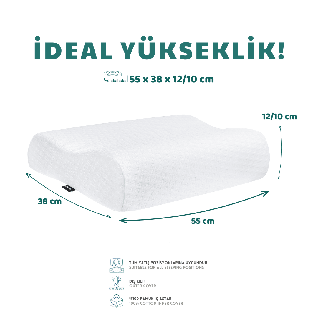 Relaxfit Çift Boyun Destekli Visco Ortopedik Yastık, 58x38x12/10cm, Beyaz