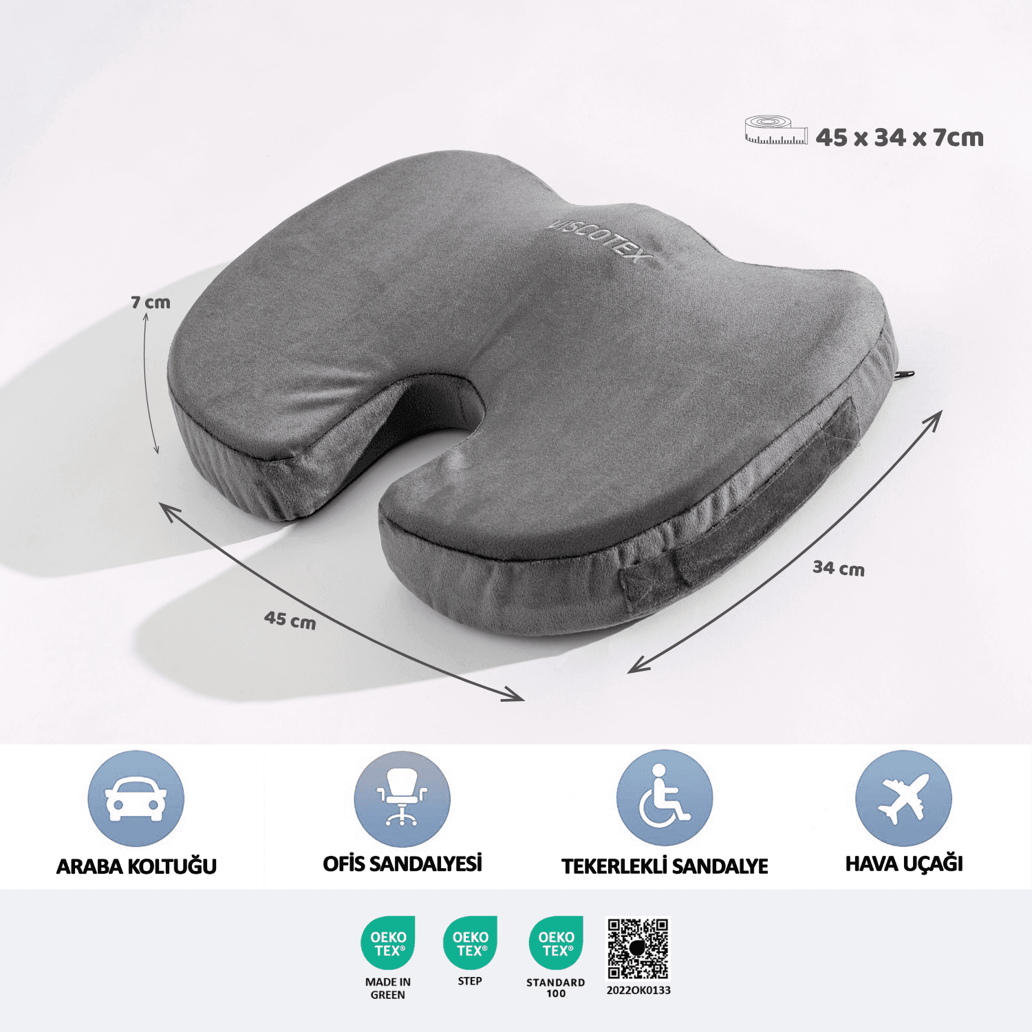 Viscotex Ortopedik Oturma Minderi, Kaydırmaz Tabanlı Çift Kılıflı, Ofis, Araba, Sandalye, Koltuk Visco Minder, 45x34x7 cm